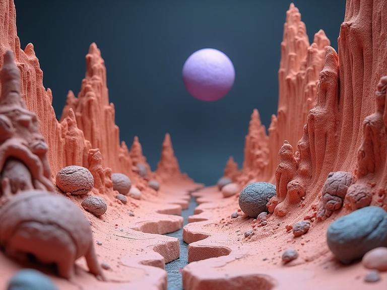 A hyper-realistic clay landscape depicts an alien planet. A winding canyon is surrounded by jagged rock formations. Strange organic plants are sculpted from colored clay. A detailed landing capsule rests on the surface. A purple moon hangs in the clay sky. The environment resembles a handcrafted stop-motion set.