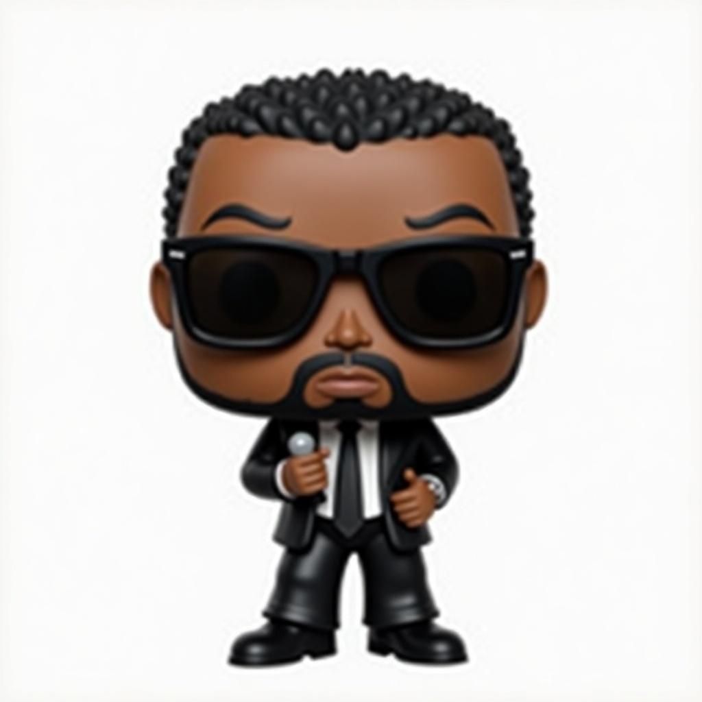 Stylish Funko Pop figure. Dressed in black suit with sunglasses. Short curly hair. Cartoonish and stylized design.