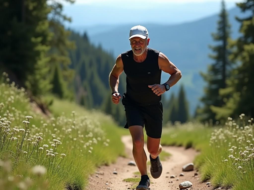 An older man running on a mountain trail, surrounded by lush greenery and wildflowers under clear skies, with a focused and joyful expression.