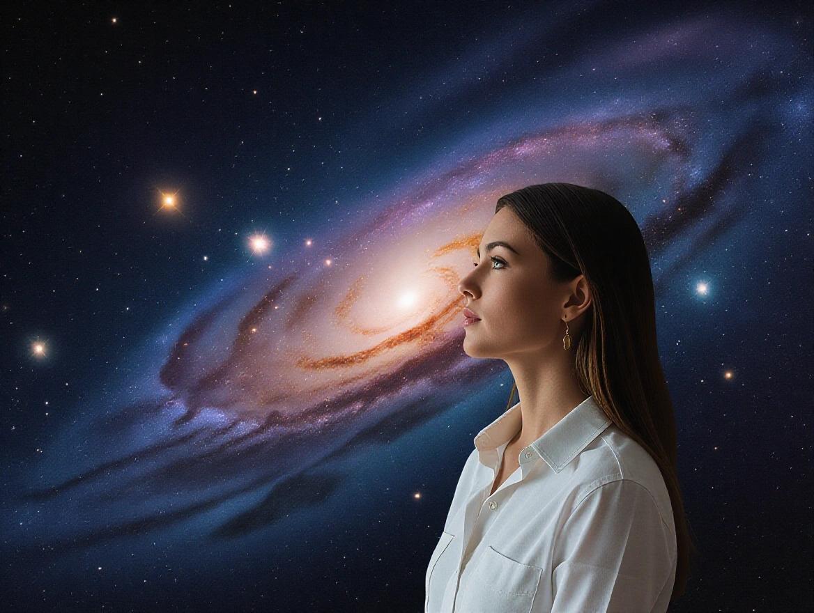 A woman meditating in the middle of the universe. The scene captures her profile against a vibrant galaxy. Stars and cosmic elements surround her. She appears contemplative and serene.