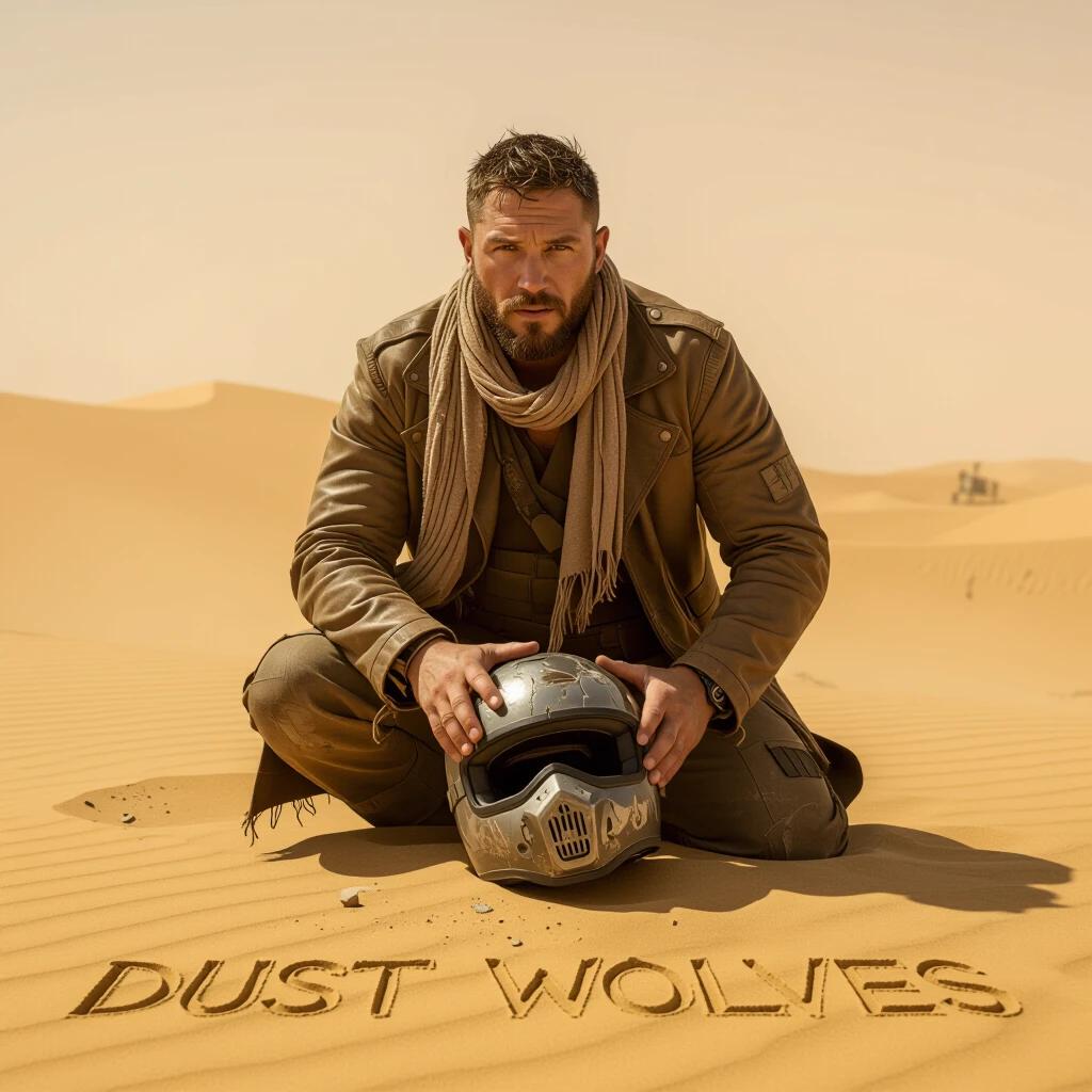 Tom Hardy wears a tattered scarf crouching in sand dunes. He holds a tattered helmet. Dust storm rises behind. Harsh daylight bleaches scene. Title carved in sand in bold serif. 6K post-apocalyptic aesthetics.