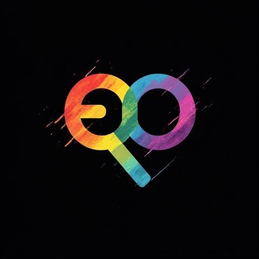 Logo design featuring letters eqo38. Thick round letters with rainbow colors. Diagonal lines separate each color. Black background enhances colors.