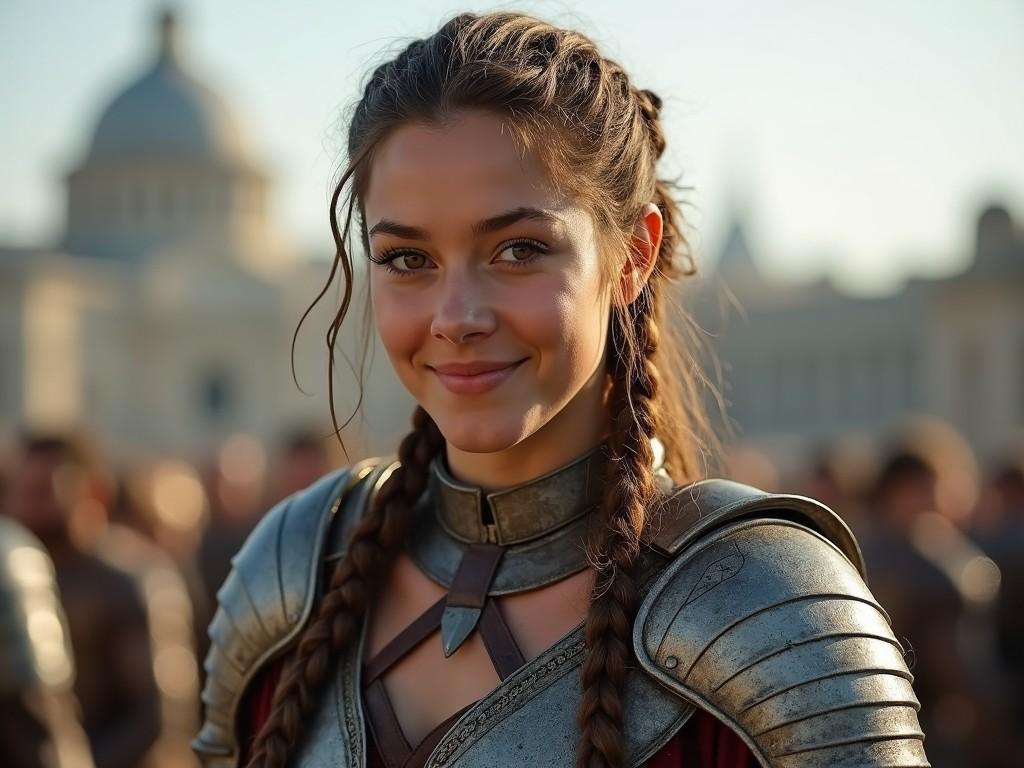 A female warrior with braided hair and intense hazel eyes stands proudly in intricate armor. The warm sunlight casts a golden hue on her face as she smiles warmly. In the background, a blurred cityscape hints at an ancient or medieval setting. The armor reflects light, emphasizing its detailed craftsmanship. Her confident posture and expression evoke a sense of courage and strength. This image represents themes of heroism and adventure, often found in fantasy worlds.