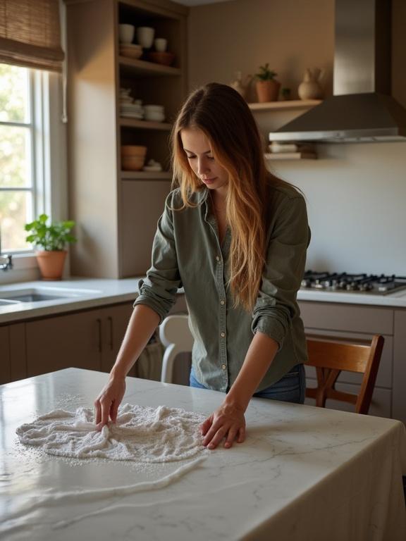 Woman is cleaning a kitchen table. She is attentive and focused. The kitchen is well-lit and has a modern design. There is a sense of calm and order in the space.