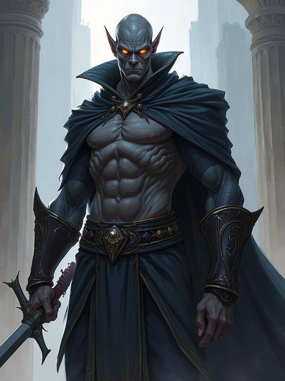 Anime-style digital illustration shows tall male tiefling paladin. He has ash-gray skin and glowing amber eyes. Character is muscular and wears a dark cloak. Holds a sword in one hand, stands confidently.