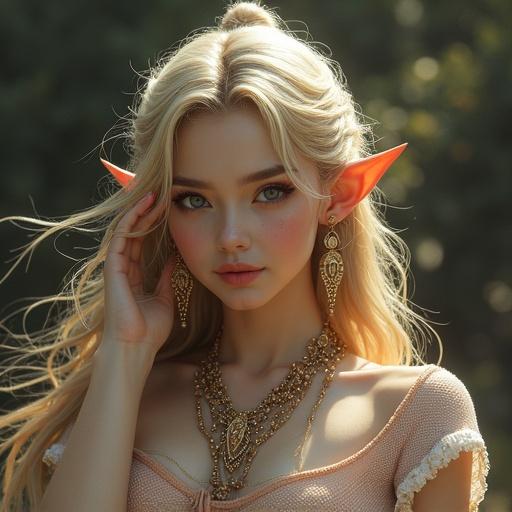美しい金髪のエルフの女性。長い青い髪と流れるような網タイツが特徴。豪華なイヤリングを着け、自然な光の中で微笑んでいる。