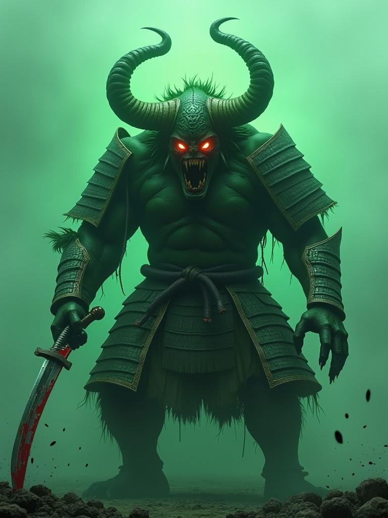 Ultra-realistic digital artwork of a monstrous samurai in a cinematic scene. Low camera angle emphasizes the towering presence. Muscular body glistens with green slime. Demonic head with twisted horns and glowing red eyes. Bared sharp teeth. Gripping bloodied katana reflecting eerie green light. Ancient battle-worn armor with engravings. Dark desolate battlefield shrouded in fog. Low dramatic lighting with green highlights and floating particles. Evokes fear and awe of a demonic force.