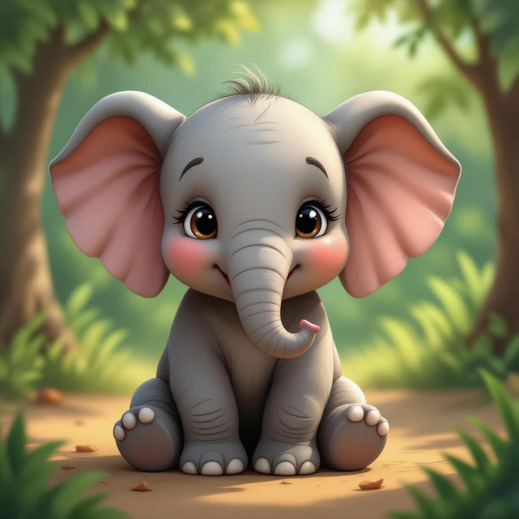 A charming baby elephant is depicted in a natural forest setting. The scene captures the adorable element of the elephant in a friendly and playful manner. Background includes lush trees and soft lighting that creates a warm atmosphere.