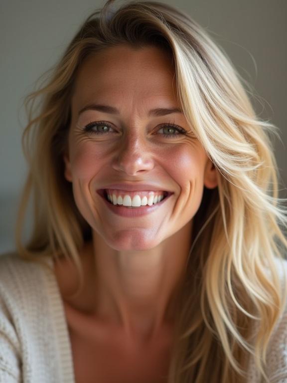 Portrait of a smiling woman with long blonde hair in soft lighting