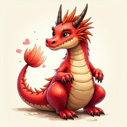 A cute red dragon with spikes and heart motifs. Gigantic eyes and a playful expression. Short limbs and a rotund body. The setting is simple to emphasize the dragon's features.