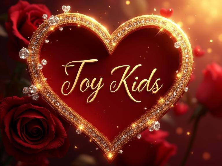 Luxurious Valentine's Day greeting card with a radiant diamond-gold text design of 'Toy Kids' in a crimson heart shape. Intricate gold wedding bands with diamonds intertwine in the heart. Surrounded by red roses with dewdrops and glittering hearts. Background with soft golden bokeh and warm glow. Interior includes 'T & K' in serif font with smaller gold hearts pattern. Space for a personalized message. Evokes love and elegance.