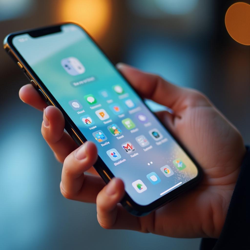 Close-up shot of a hand holding a smartphone. Screen shows a modern user interface with vibrant design elements. Focus on phone details like buttons and icons. Soft background keeps focus on device.