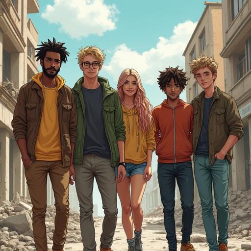 Illustration of a diverse group of friends standing in a post-apocalyptic city. Unique features include a black woman with pink hair and green eyes. A friend next to her has blonde dreadlocks and brown eyes. Two white male twins are also part of the group, one smiling and the other not. Two younger males, one of Japanese descent, complete the group. Background shows ruins of a city.