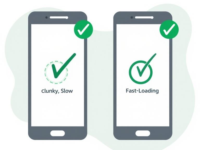 A split image showcasing a non-optimized CPA landing page depicted as clunky and slow versus a mobile-optimized version shown as sleek and fast-loading. Two smartphones with green checkmarks indicating optimization are present.