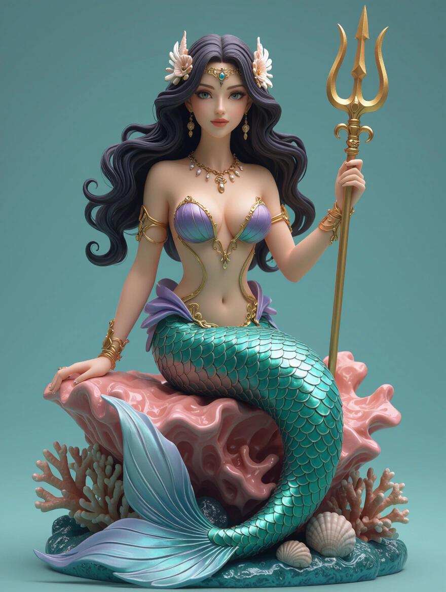 Ultra-detailed 3D figure of a zodiac goddess inspired by Pisces. Mermaid body with a long tail covered in shiny scales. Coral-shaped rock as base. Suggestive pose with one hand resting. Other hand holding a trident. Face inspiring sensuality. Upper armor is tight with transparencies and gold details. Long hair floating. Looks straight ahead with a magnetic expression. Aquatic base, collectible resin style, studio lighting.