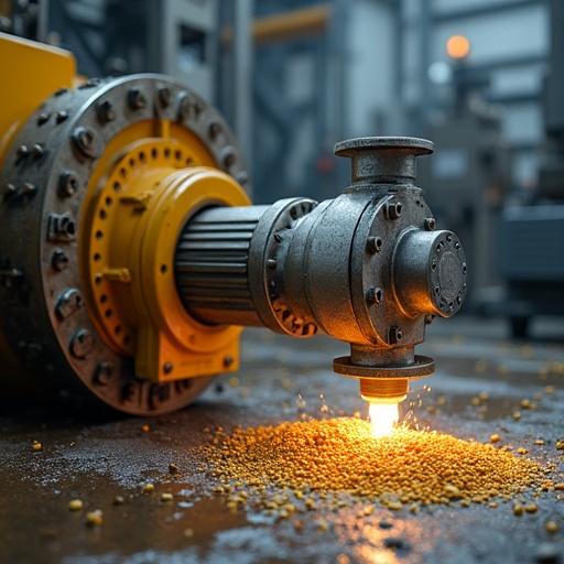 A realistic photograph showing the AGS V HD gear coupling in action. An industrial soybean processing environment with a vertical shaft connected to a reducer and motor is depicted. The image emphasizes the working mechanism and benefits of the product, incorporating visual elements from AGS V HD technical reference images.