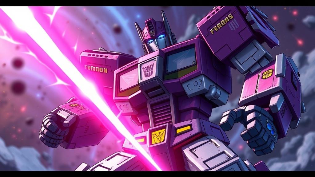 This dynamic illustration features a powerful, futuristic robot clad primarily in purple and magenta armor, wielding a glowing pink energy sword. The robot stands in a commanding pose with an intense focus, emphasizing strength and determination. The background is a cosmic setting with debris and streaks of light, accentuating the otherworldly and sci-fi vibe of the image.