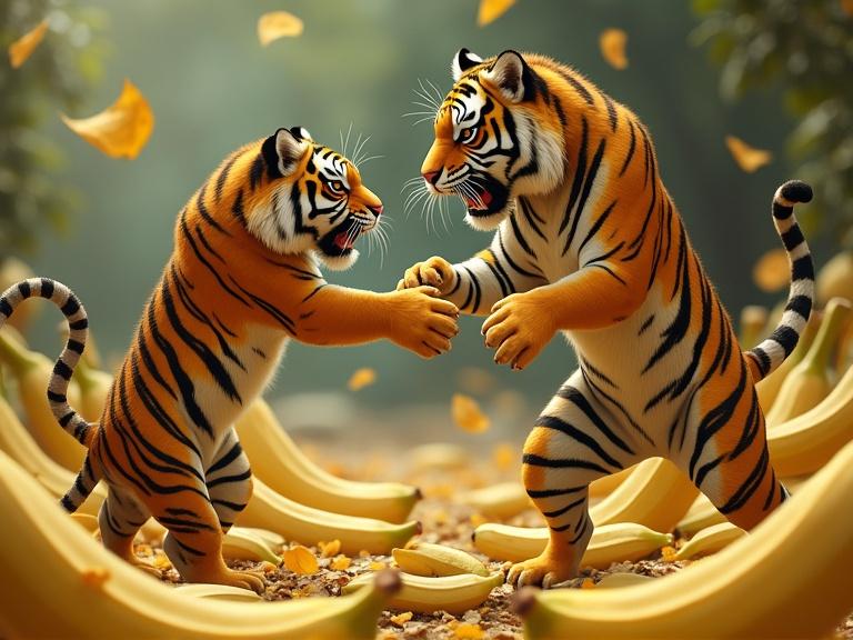 Two tigers fighting for bananas among tropical foliage. Warm colors dominate the scene. The background blurs to highlight the action. One tiger leans forward while the other stands tall. Bananas scattered along the ground with leaves around.