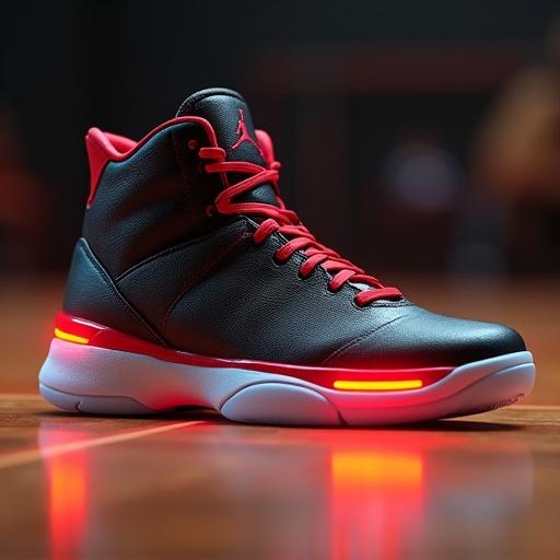 Hyper-realistic depiction of a high-tech basketball shoe inspired by 1980s Air Jordan features. Bold silhouette with high ankle support and premium leather construction. Retro color scheme includes red, black, and white with modern enhancements. Shoe features a sleek touchscreen display for stats. Positioned on polished hardwood court with detailed textures and reflections. Shows extreme attention to stitching and lighting. A blend of futuristic design with classic aesthetics.