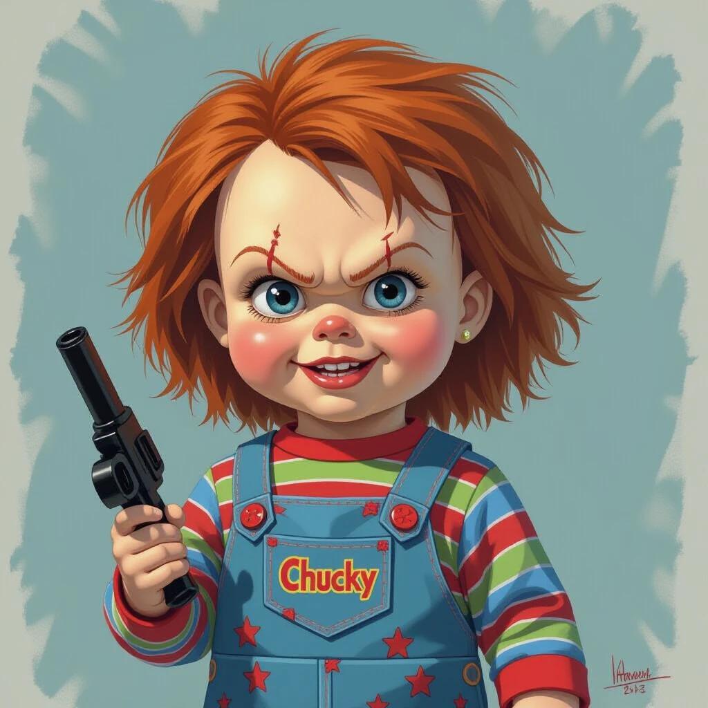 Chucky portrayed as a cartoonish doll with wild red hair and blue eyes. Dressed in colorful overalls with a playful expression. Holding a toy gun. Bright and cheerful background contrast with sinister theme.