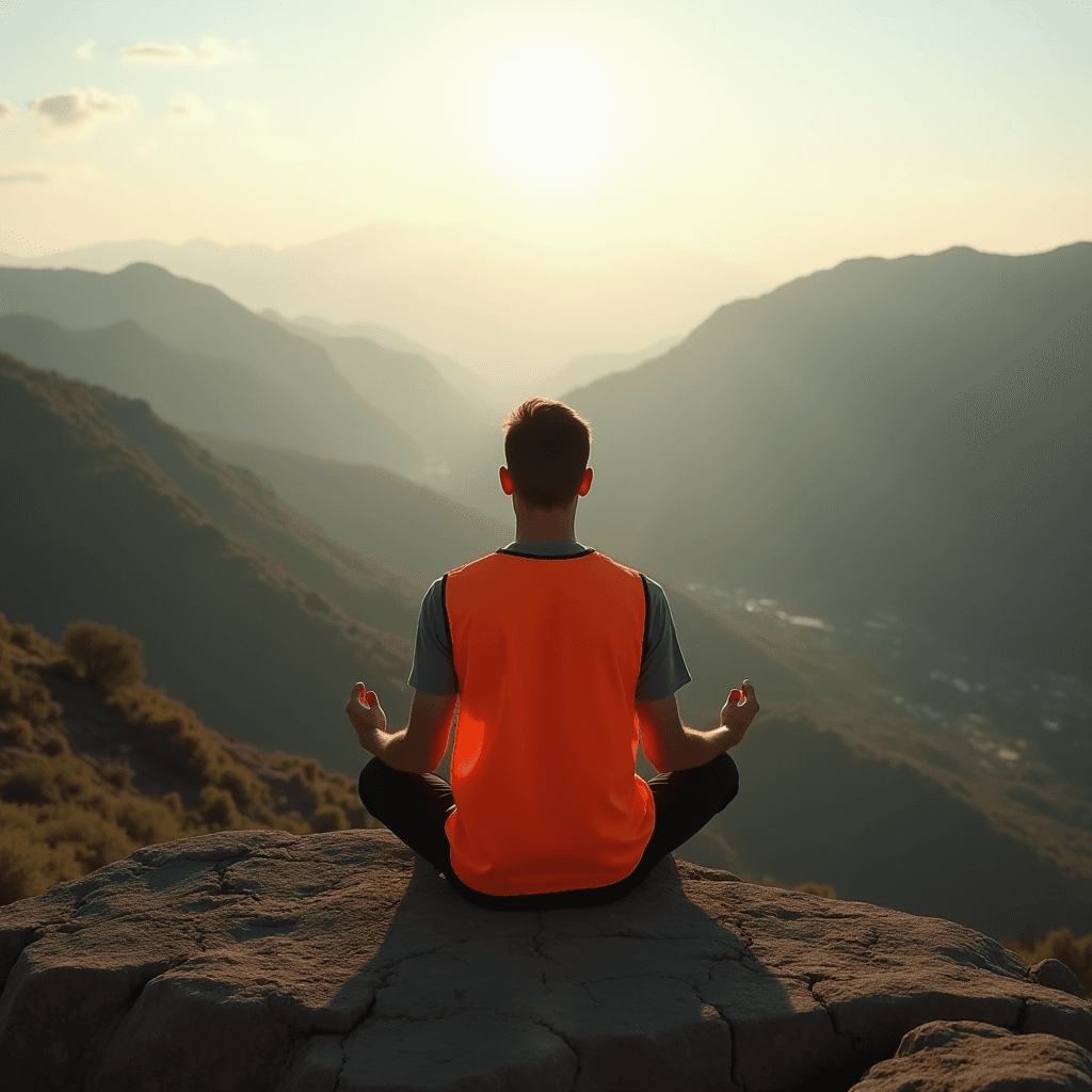 A person meditates on a rock, overlooking a valley at sunset.