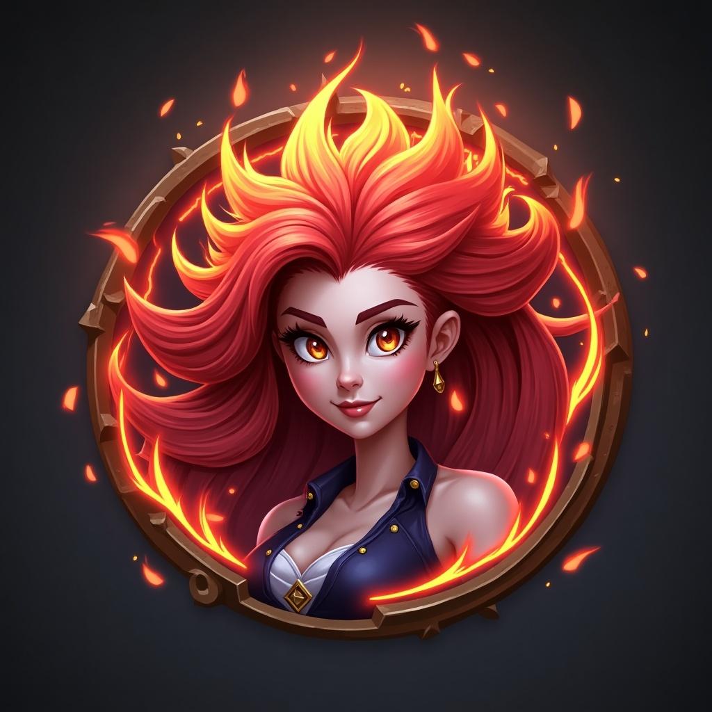 This image features a stylized character icon inspired by popular fantasy games. The character has striking red hair that resembles wildfire, glowing with an energetic fire-like essence. Her expressions and features convey strength and charisma. The background is dark, enhancing the vibrant colors of her hair and outfit. Elements of flames are subtly included, creating a dynamic feel to the artwork. The style reflects contemporary digital art used in gaming.