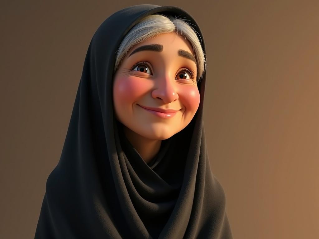 Elderly Middle Eastern woman with warm face smiling. Traditional black abaya and hijab. Light brown skin and calm eyes. Slow graceful movements. Wisdom and compassion shown. Disney 3D animation style with natural textures and warm lighting.