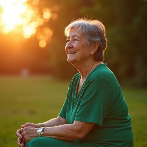 Professional photography captures an older woman with dark hair and eyes, oval face, slightly plump hands resting on knees. Wearing a green dress, looking away, smiling slightly. Sitting in a park during sunset, showcasing golden hour light.