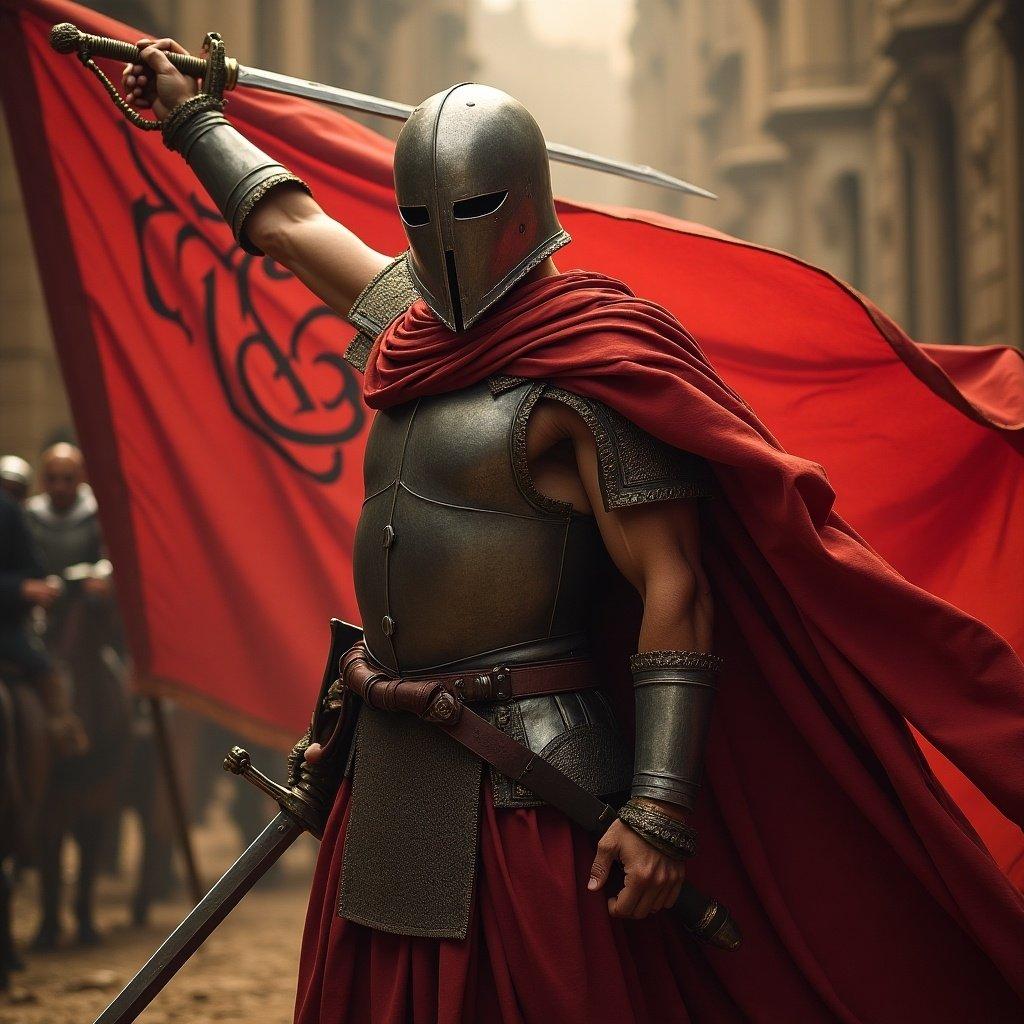 Warrior in armor holding a sword. Warrior has a red cape. Behind the warrior is a waving red flag.