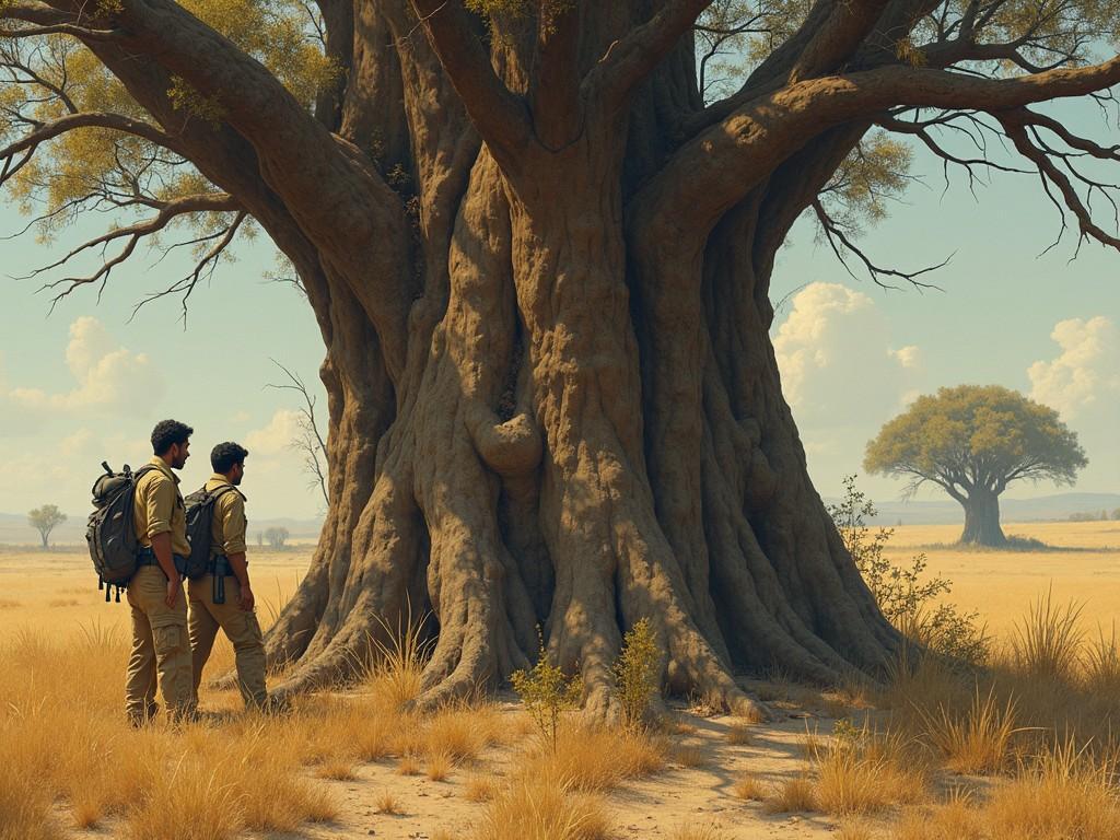 The image shows two individuals standing by a large, majestic tree in a vast open landscape. Their attire suggests they are explorers or nature enthusiasts. The background features rolling plains with another tree visible in the distance under a bright sky. The environment feels serene and timeless, evoking a sense of wonder about the natural world. The warm lighting gives the scene a golden glow, enhancing the beauty of the landscape.