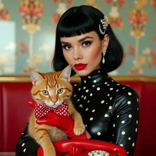 Bust-up portrait of a glamorous retro woman in a vintage diner booth. Woman wears a glossy black latex jumpsuit with white polka dots. She has red leather gloves and holds an orange tabby cat wearing a polka dot bow tie. Hair is a sharp black bob with bangs and a moon-shaped hairclip. Makeup includes winged eyeliner and red lips. A vintage rotary telephone visible. Background has warm cinematic lighting and intricate 1960s wallpaper.