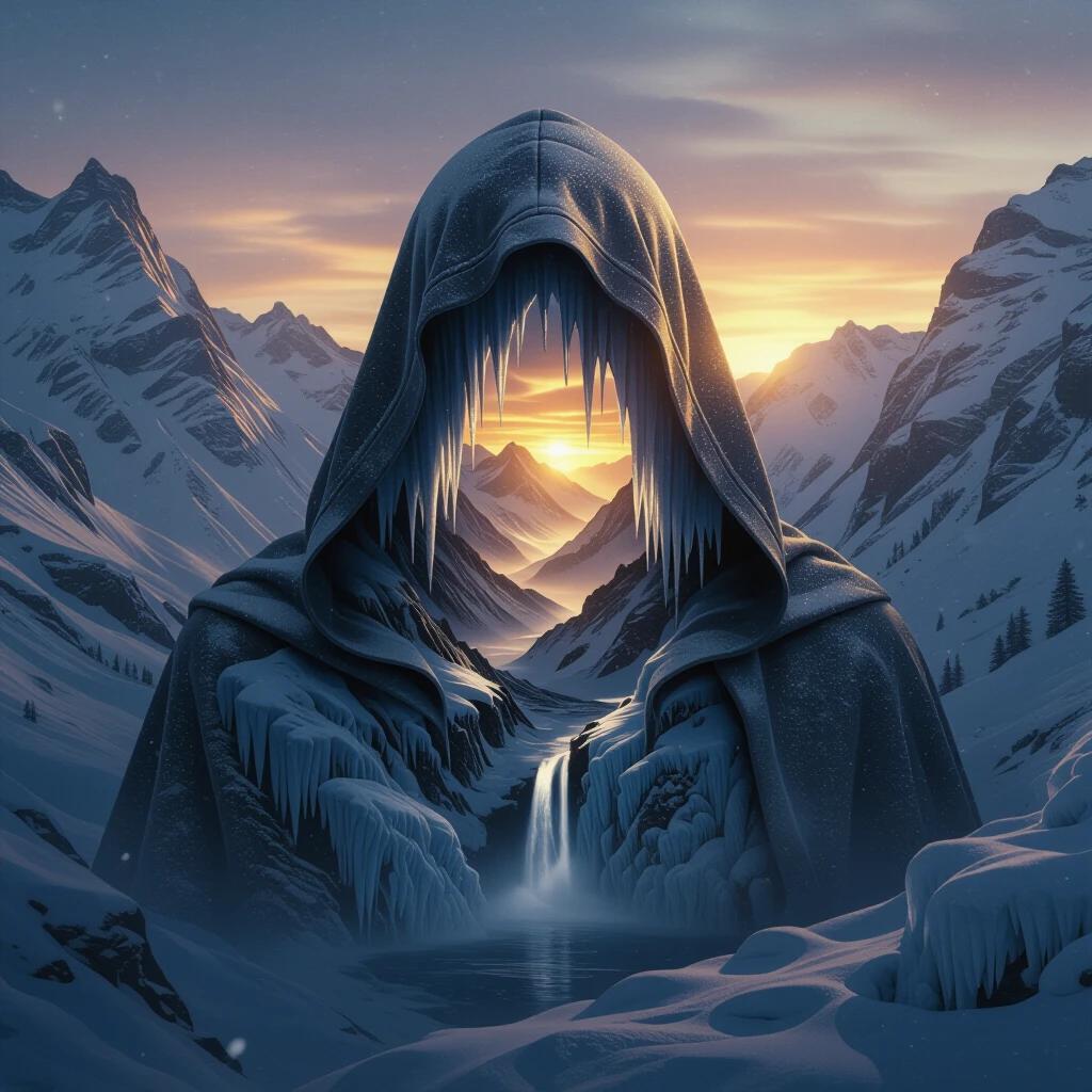 A surreal landscape within a cloaked figure stands against a mountainscape. An icy silhouette reveals a hidden mountain valley. A glowing golden light shines through a waterfall crevice. Mist covers the alpine terrain with melting icicles. A sunrise horizon glows above. Light rays create a dreamlike atmosphere with flowing textures and shadows. Snow gently falls creating cinematic depth.