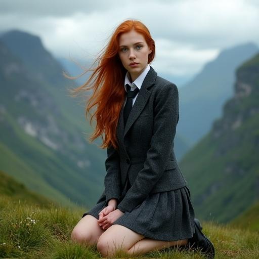 Full body portrait with a woman kneeling on a green grassy hillside. She wears a dark grey tweed blazer and a matching pleated skirt. A white shirt and dark tie complement her uniform. She has long red hair blown by the wind. The background features a dramatic mountain valley under an overcast sky. The camera captures the scene at ground level emphasizing her pose and the landscape.