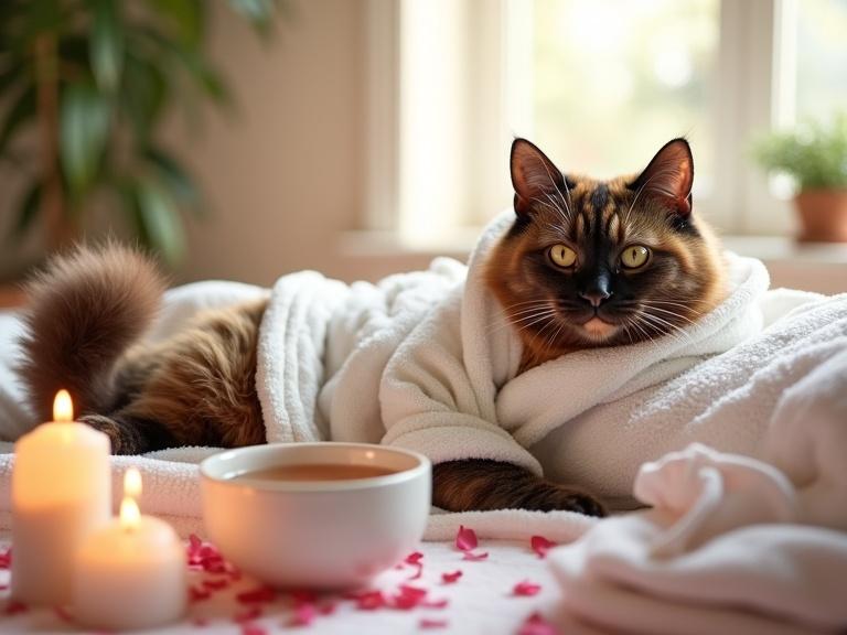 A sassy tortoiseshell cat lounges in a luxurious spa setting. The cat wears a fluffy white robe. It has a confident and playful expression. The tail is elegantly curled. Surrounding the cat are spa elements like scented candles and a bowl of rose petals. There is a steaming cup of herbal tea. Soft pastel colors fill the background with sunlight streaming through a window.