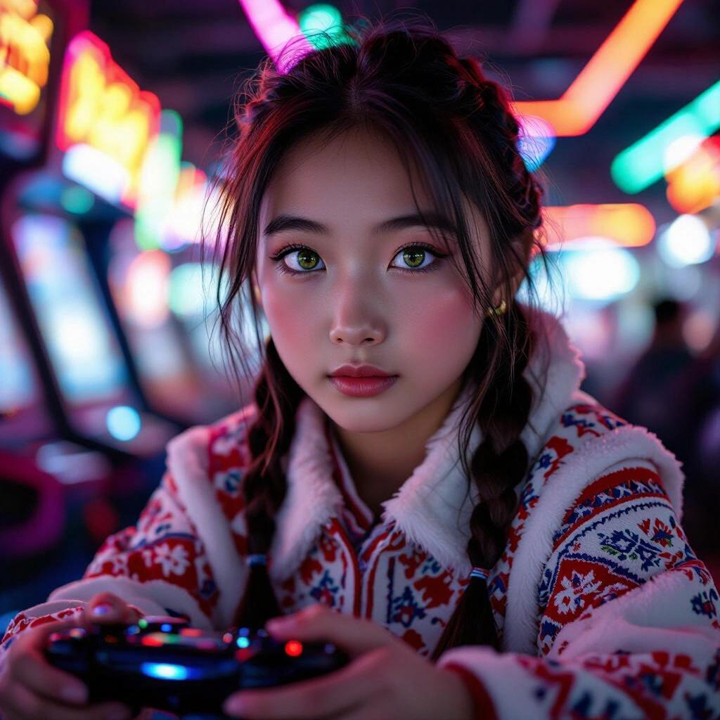 Young girl with hazel green eyes wearing traditional Siberian clothes from Yakut. She is playing video games at an arcade. Neon lights reflect on her skin.