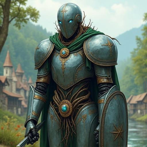 Full length portrait of tall medieval fantasy robot. Robot has shiny smooth armor and root-like cords beneath. Hinged toothless mouth and blue crystal eyes. Rune etched on forehead. Wears forest green cloak with wooden brooch. Holds sword and shield patrolling. Backdrop is a blurred medieval riverside village. Drawn in modern comic book style.