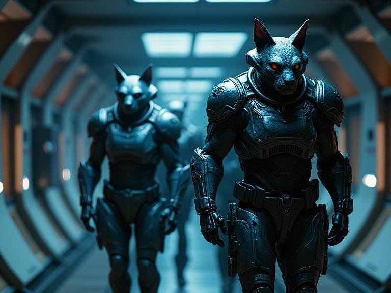 Cinematic scene featuring buff bulky humanoid alien feline soldiers wearing sci-fi military suits. Setting is a grey metal, sleek, bevel design ship's wide corridor. Dark atmosphere with shadows and detailed realism. 4k textures and HDR with a blue filter.