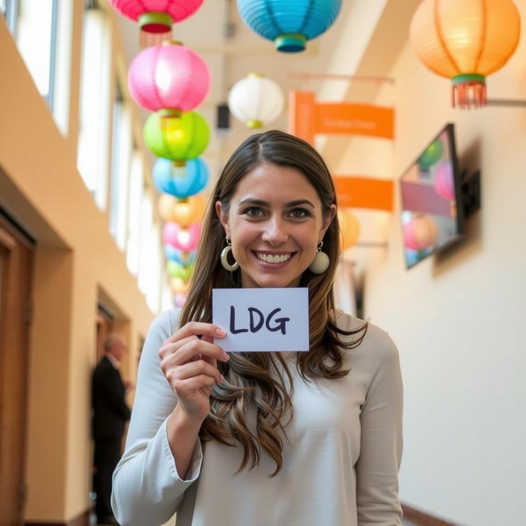 A woman holds a card with 'LDG' written on it, surrounded by colorful hanging lanterns.