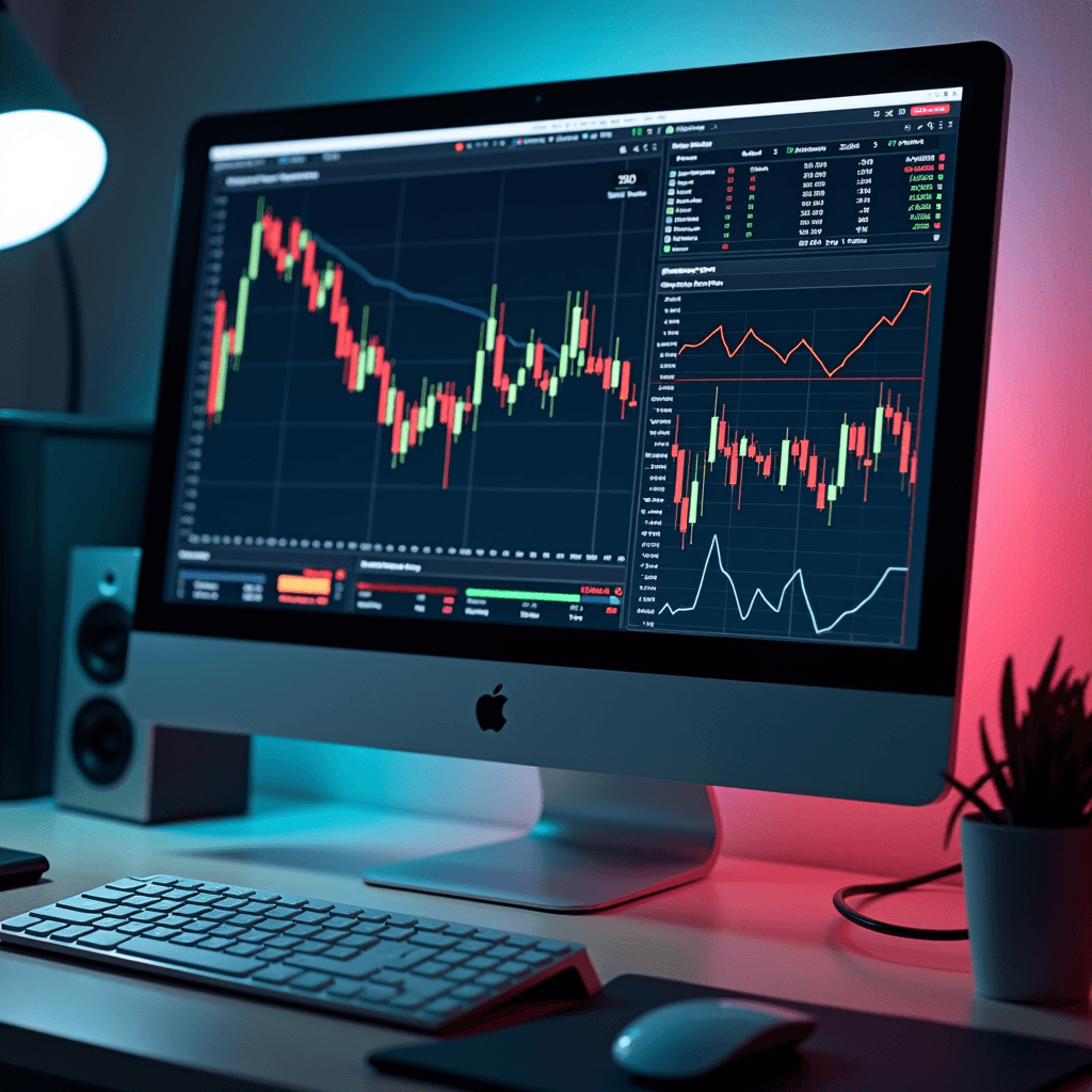 A computer screen displaying financial trading charts and statistics in a dimly lit room with colorful lighting.