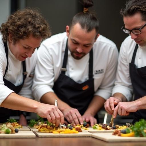 Chefs collaborating in the kitchen. Preparing gourmet dishes. Focus on the artistry of food arrangement. Displaying culinary techniques. A showcase of teamwork and creativity.