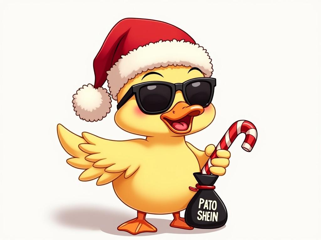 This is a cartoon-style illustration of a cute duck character. The duck is wearing a festive Santa hat, complete with a fluffy white pom-pom at the top. It sports a pair of dark sunglasses, giving it a cool and stylish look. One of its feet is holding a small black bag labeled "PATO SHEIN". The other foot holds what resembles a festive candy cane. The overall expression of the duck is confident and slightly mischievous, adding to its charming character.