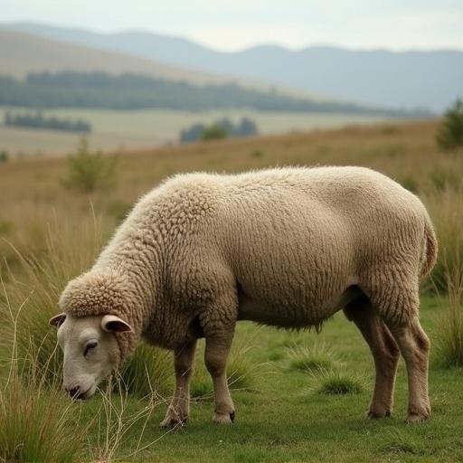 A sheep grazing in a lush green field surrounded by hills. The sheep has thick white wool and stands on a grassy area. The background features distant hills under a cloudy sky.