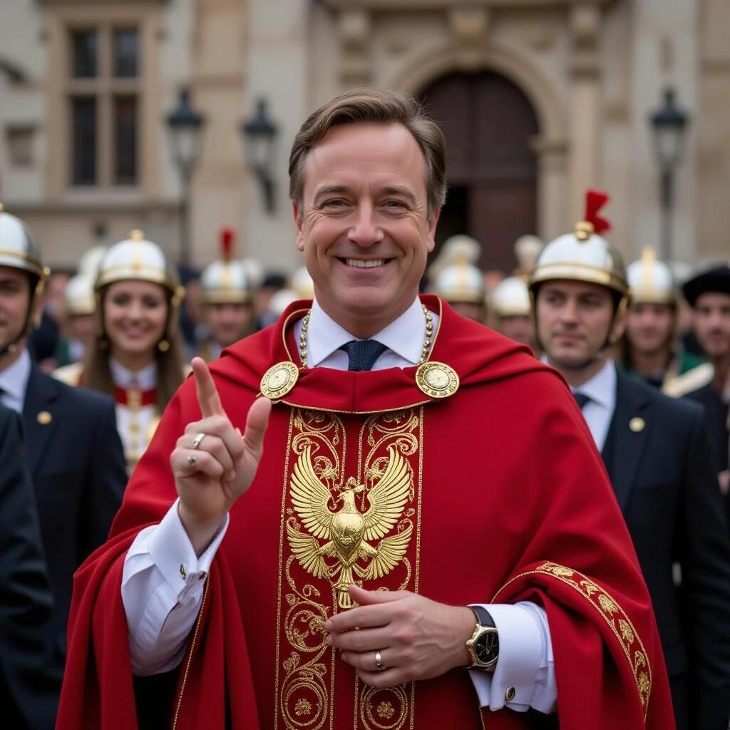 A man dressed in traditional Roman attire adorned with gold elements. He is surrounded by a group of people in formal attire. The setting appears to be an outdoor public space with classical architecture in the background. Many people are watching the man as he gestures with his hand.
