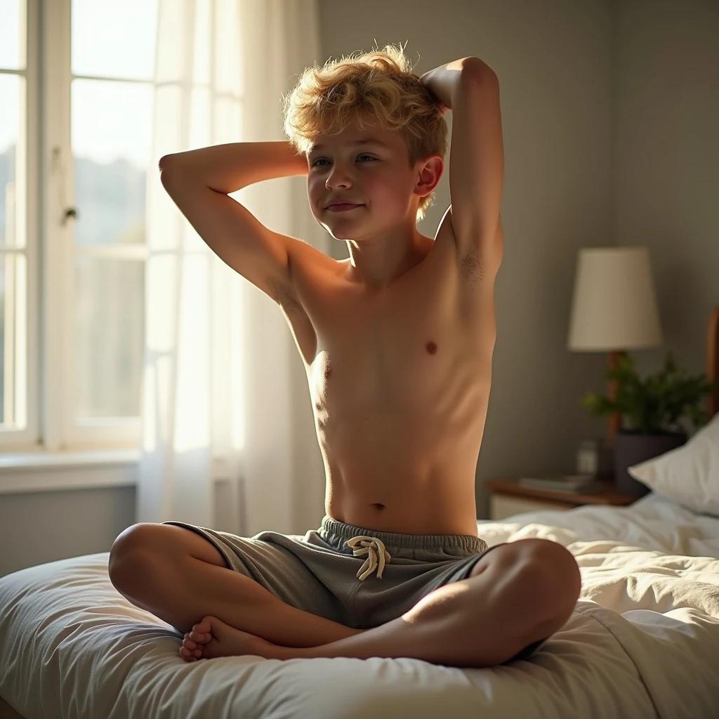 Blonde boy sitting cross-legged on bed. He is wearing grey sweat shorts. He stretches his arms. Soft morning light shines through window.