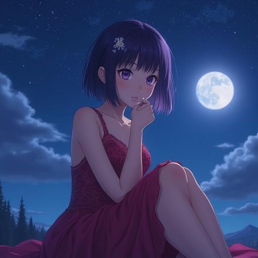 Medium shot of a lady with short dark violet hair and purple eyes. She wears a flowing red-violet lace dress. The background shows a starry night sky. Moonlight bathes the scene. She is in a seductive pose with her hand on her chin. Captured with a cinematic lens.