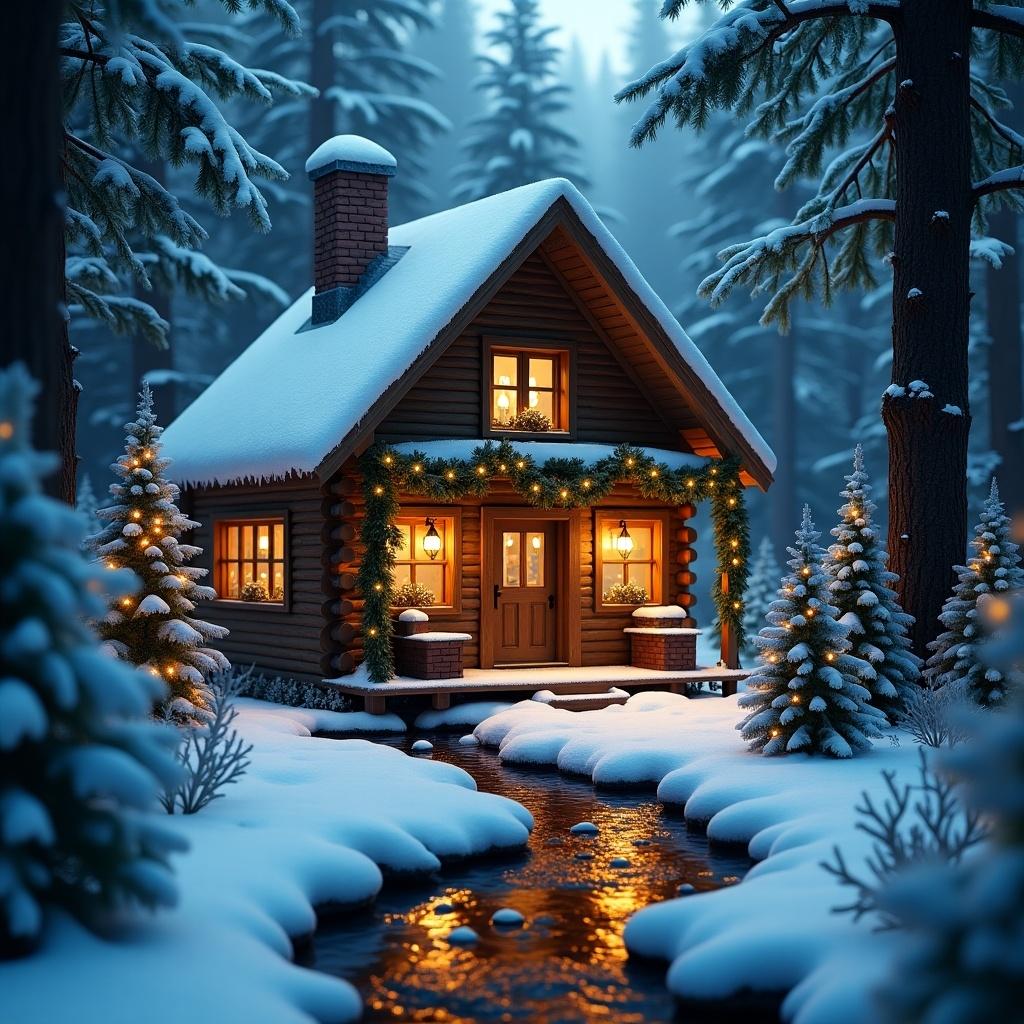 Christmas decorated wood gnome cabin in a snow-covered forest at night with a stream