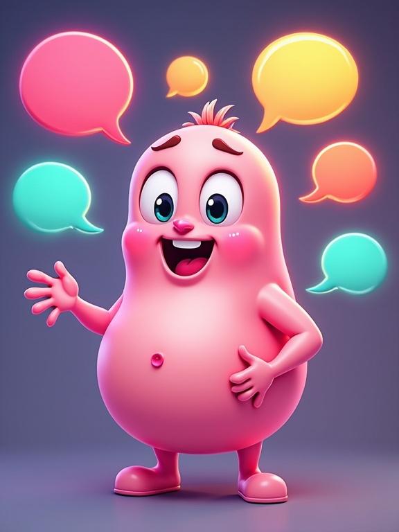 Cute anthropomorphic belly with expressive cartoon face. Big friendly eyes and smiling mouth. Multiple colorful speech bubbles and thought bubbles floating around. Belly character giving opinions and advice. Whimsical cartoon illustration style. Vibrant neon colors. Glowing effect around the belly. Personality-filled expression. Conversational pose. Social media friendly design. Modern digital art. Cheerful and humorous vibe. Ultra-detailed. 4K quality.
