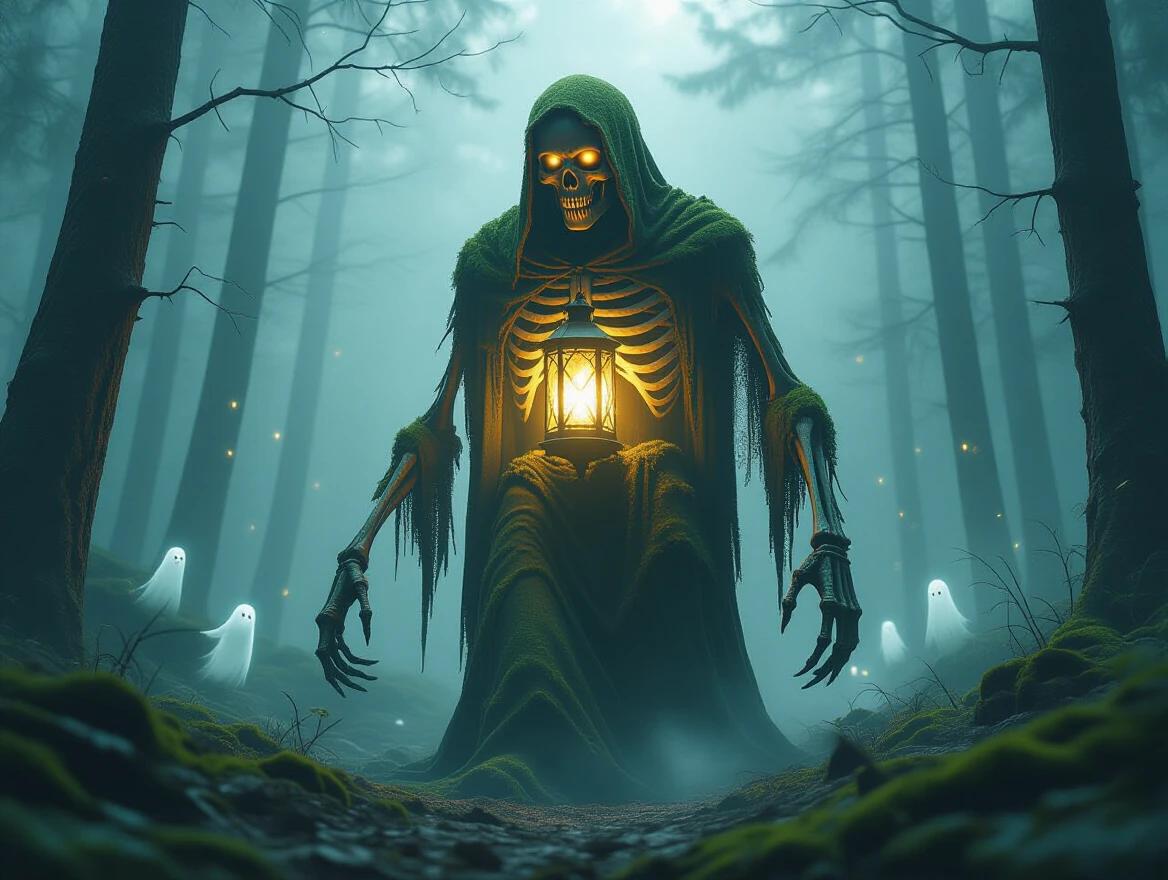 A towering skeletal creature stands in a misty forest. Its ribcage forms a glowing lantern with soft candlelight inside. The creature is draped in moss and tattered cloth. Sharp bony limbs are extended. Tiny ghostly spirits surround it. The expression is solemn and gentle, with cinematic fog and ethereal lighting. The artwork is ultra detailed with a fantasy horror-soft fusion style.