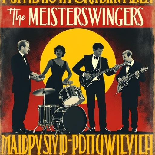 A jazz poster from the late sixties. Advertising a new sound called The Meisterswingers. Combines top tunes from the opera house with a swing style. Band members in formal attire. Bright colors background with a warm sun effect. Instruments highlighted prominently.