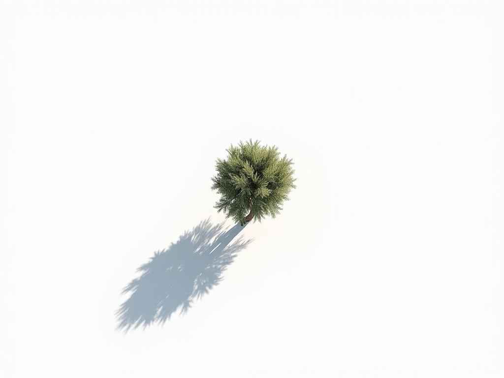 The image features an aerial view of a minimalist scene with a white background. Central in the image is a single olive tree that stands out due to its rich green foliage. The tree casts a long, sharply defined shadow extending to the left side of the image. This shadow creates a strong contrast with the plain white background, emphasizing the simplicity and beauty of the design. The lighting is soft and diffused, adding a serene atmosphere to the composition.